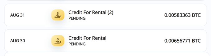 The image displays two pending Bitcoin transactions labeled "Credit For Rental" dated August 30 (0.00656771 BTC) and August 31 (0.00583363 BTC), illustrating how Siacoin miners are being rented out to earn actual Bitcoin for BIP-110 block attempts as referenced in the post.