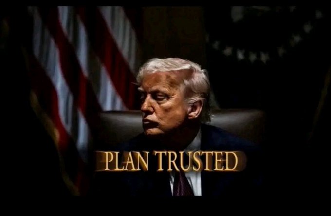 An AI-generated image of Donald Trump seated in front of an American flag with the text 'PLAN TRUSTED' overlaid in gold lettering.
