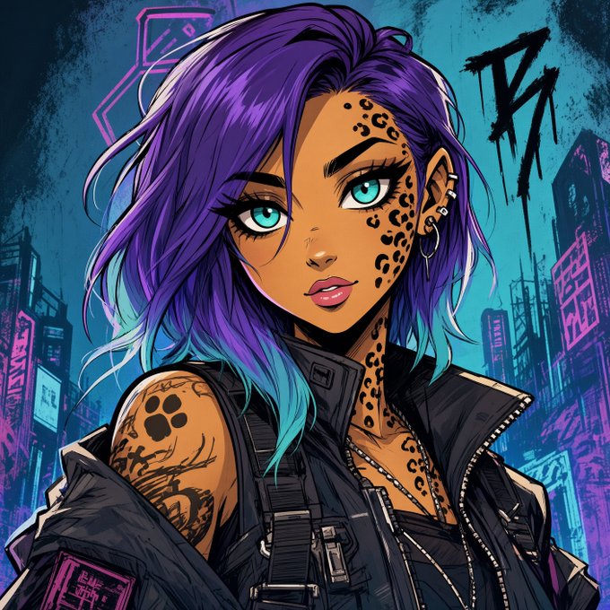 A digital illustration of a woman with purple and blue hair, leopard-print facial markings, and tattoos, wearing a black jacket against a neon-lit cyberpunk cityscape.