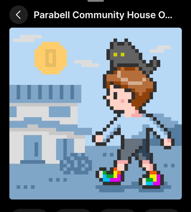 A pixel art illustration titled 'Parabell Community House' showing a character with brown hair and a black cat on their head, wearing rainbow-colored shoes.