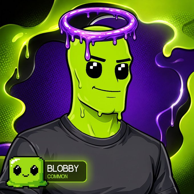 A digital illustration of a green slime-like character wearing a purple halo crown and black shirt, with a label reading 'BLOBBY COMMON' in the corner.