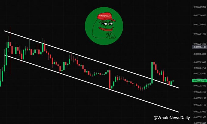 A candlestick chart of PEPE/USDT displays a descending channel pattern with two white trendlines converging downward, accompanied by a green Pepe the Frog cartoon wearing a "Make Memecoins Great Again" hat, while the watermark reads "@WhaleNewsDaily" and the current price hovers around 0.000003353—visually supporting the post's claim that PEPE has successfully retested the descending channel and may be poised for an upward breakout.