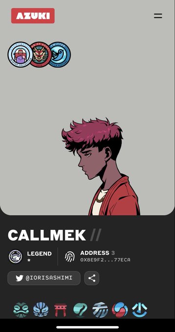 A mobile profile screen from the Azuki NFT platform showing a pixel-art character named "CALLMEK" with "LEGEND" status, address "0XB89F2..77ECA", and the Twitter handle "@IORISAHIMI".