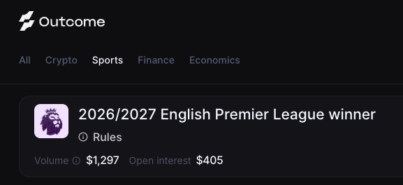 The image shows a dark-themed Outcome platform interface displaying the "Sports" tab selected, with a prediction market for the "2026/2027 English Premier League winner" showing a volume of $1,297 and open interest of $405. This illustrates one of the newly launched sports markets on Outcome.xyz (powered by HyperliquidX) mentioned in the post, specifically the Premier League winner market the user tested by placing orders.