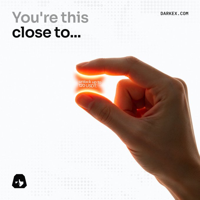A hand pinches a glowing orange light displaying "unlock up to 120 USDT," under the headline "You're this close to..." promoting Darkex.com KYC verification to earn the crypto reward.