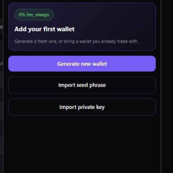 A cryptocurrency wallet setup screen with a green badge reading '0% fee, always' above buttons to 'Generate new wallet', 'Import seed phrase', or 'Import private key'.