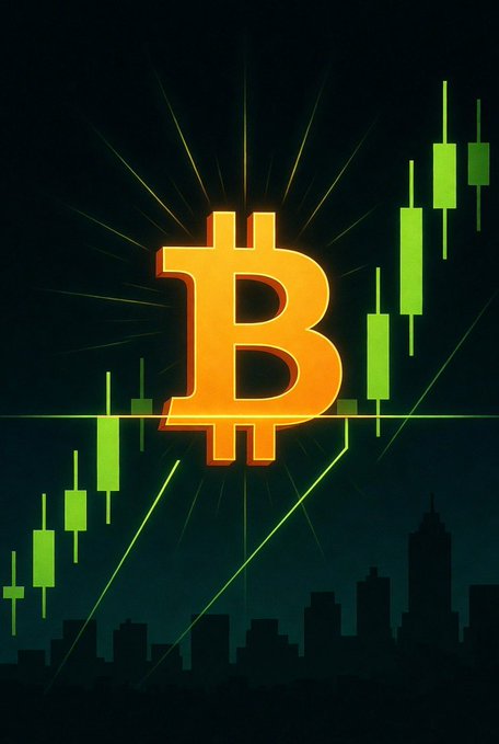 A Bitcoin logo centered against a dark city skyline with green candlestick chart patterns showing an upward trend.