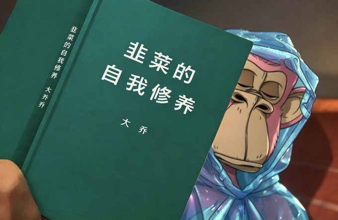 An illustration showing a hand holding a green book titled '韭菜的自我修养' (The Self-Cultivation of Leeks) by '大户乔', partially obscuring a cartoon ape character wearing a blue hood.