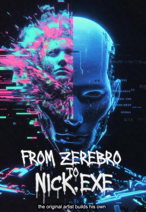 Cyberpunk-style poster with a glitching blue robotic face and text reading 'FROM ZEREBRO TO NICK.EXE — the original artist builds his own'.