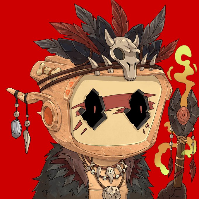 An illustration of a tribal warrior character with a TV-shaped head displaying a cracked screen face, wearing a horned skull headdress with feathers, a fur collar, bone necklaces, and holding a spiked staff with hanging charms, set against a red background.