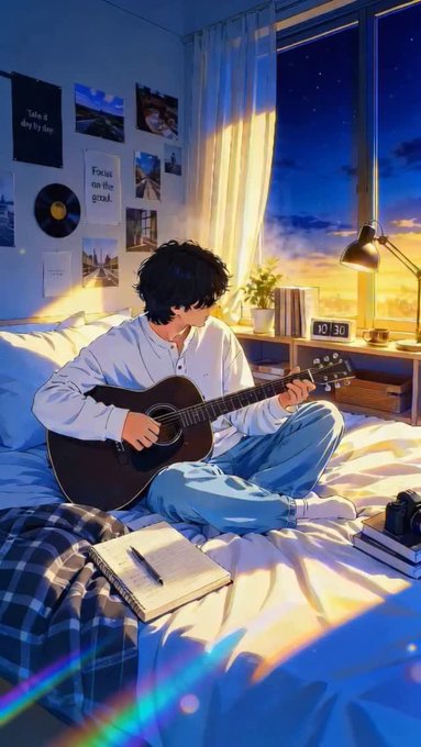 An anime-style illustration of a young man with dark hair playing an acoustic guitar on a bed in a room at sunset, with a notebook and pen beside him and a window showing a city skyline.
