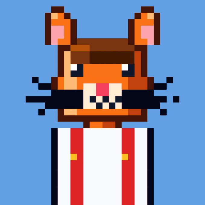 A pixel art cat character with prominent black whiskers wears a white shirt with red suspenders against a blue background.