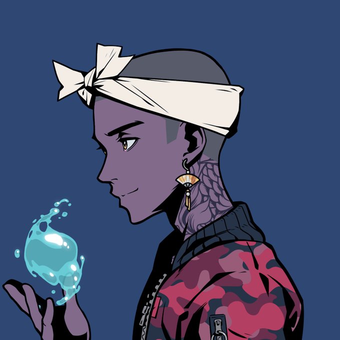 An anime-style illustration of a purple-skinned character with a white headband, holding a glowing blue liquid orb in their hand against a dark blue background.