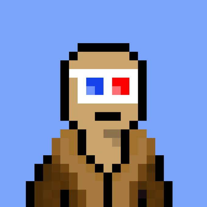 A pixel art character with a tan face wearing white 3D glasses with one red and one blue lens, dressed in brown, set against a blue background.