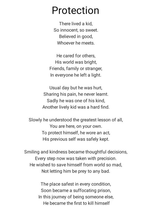 A poem titled 'Protection' about a kind kid who learns to wear an act to protect himself, ending with the lines 'In this journey of being someone else, He became the first to kill himself'.