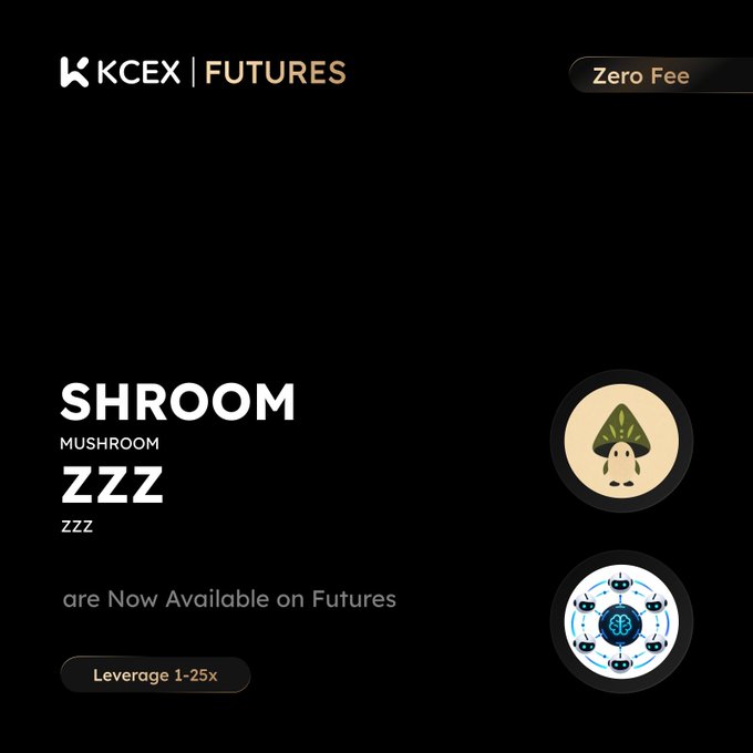 A KCEX Futures promotional graphic announcing that SHROOM (MUSHROOM) and ZZZ tokens are now available on futures trading with leverage 1-25x and zero fees.