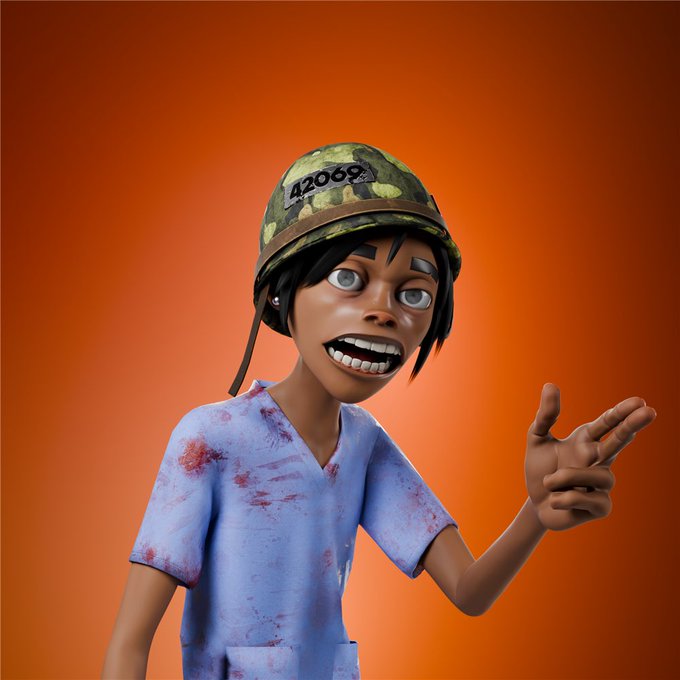 A 3D-rendered character of a nurse with a wide smile wearing a camouflage helmet labeled '42069' and a bloodstained blue scrub top against an orange background.
