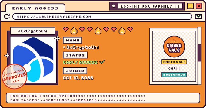A pixel-art themed early access certificate for EmberVale displays "@Ox0ryptouni" with a status of "Early Access" and joined date of "Oct 10, 2028," along with EmberVale Chain on Robinhood branding. The image confirms completion of the white-listed early access task referenced in the tweet, showing the user has secured their spot for the Freemint on the Robinhood network.