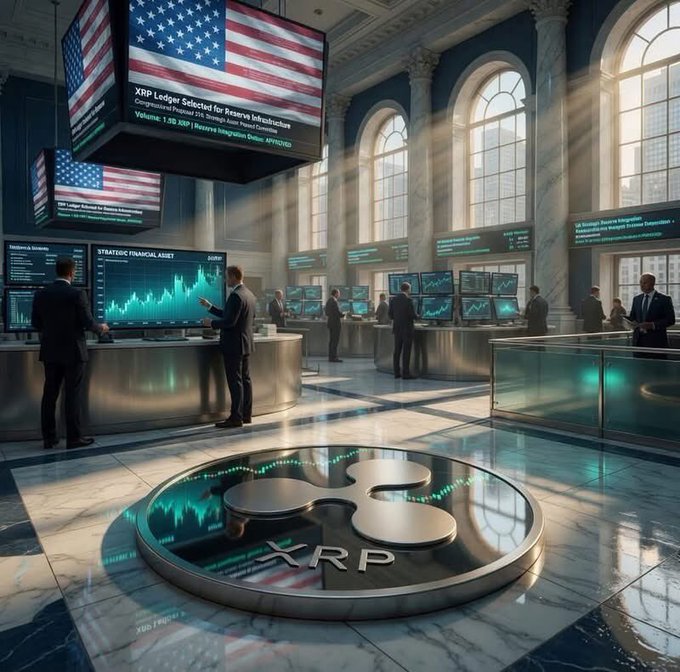 A grand hall with American flags, digital trading screens, and a large XRP logo on the floor, with screens displaying 'XRP Ledger Selected for Reserve Infrastructure' and 'Volume: 1.00 XRP'.