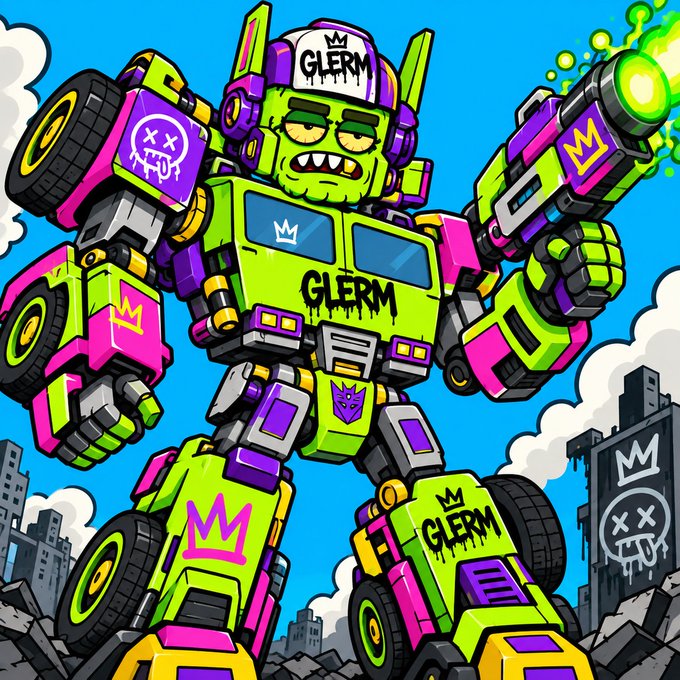 A vibrant illustration of a green-skinned robot character labeled "GLERM" wearing a purple and white cap, holding large green cannons, with graffiti-style "GLERM" text and crown symbols on its chest and equipment.