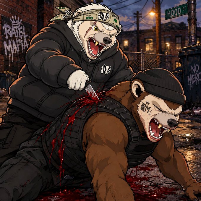 An anime/illustration style image shows a white bear character wearing a bandana and black hoodie stabbing a brown bear character in a vest on a street with 'HOOD ST' sign and 'RAFEL MAFIA' graffiti.