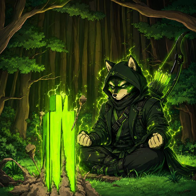 An anthropomorphic fox warrior in a dark hooded cloak meditates cross-legged in a lush green forest, surrounded by crackling neon green energy, with a glowing emerald crystal shard planted before it and a quiver of glowing arrows on its back, visually embodying the post's message that "$WOOF" has endured the harsh filtering of new chain launches on Robinhood, surviving where most July debuts have already failed.