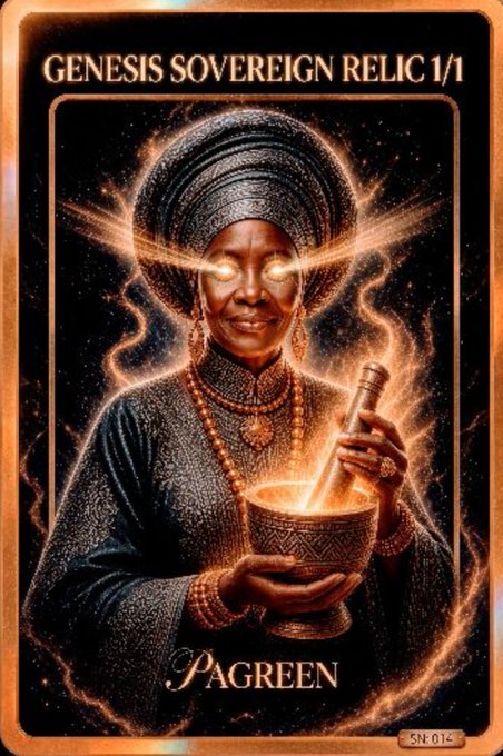 A fantasy-style collectible card titled 'GENESIS SOVEREIGN RELIC 1/1' depicting an African woman in elaborate beaded headdress and traditional attire holding a glowing mortar and pestle, with 'PAGREEN' branding and serial number 'SN-016'.