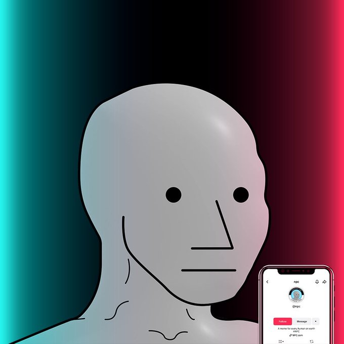 An illustration of a gray humanoid figure with a neutral expression against a gradient background of teal and magenta, with a smartphone showing a profile page for 'npc' visible in the bottom right.