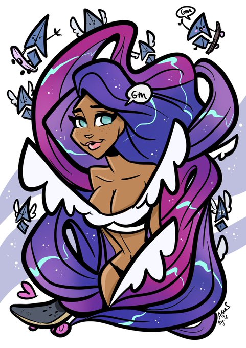 An illustration of a woman with long flowing purple and blue hair sitting on a skateboard, surrounded by small blue butterfly-like creatures, with small speech bubbles reading 'Gm'.
