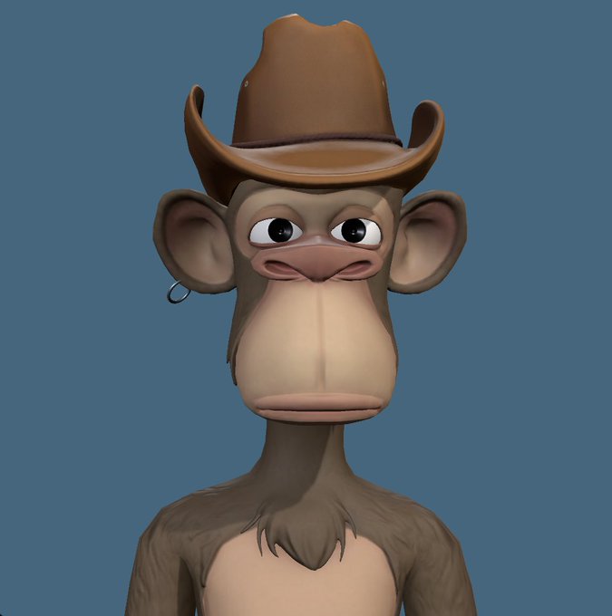A 3D rendered character of a monkey or ape wearing a brown cowboy hat and a small earring, set against a solid blue background.