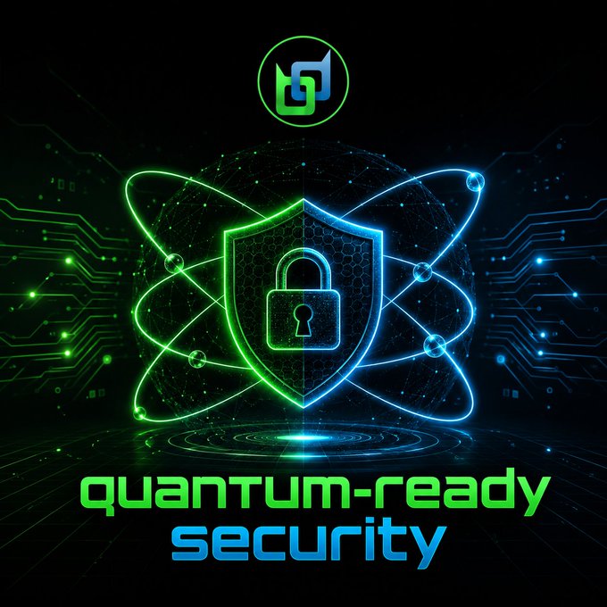A neon-style graphic advertising 'quantum-ready security' featuring a glowing padlock shield surrounded by atomic orbital rings in green and blue.
