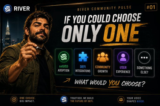 The image is a promotional graphic for "River Community Pulse #01," featuring the River logo and a bearded man in a green jacket against a nighttime cityscape, posing a community poll that asks, "If You Could Choose Only One, What Would You Choose?" with four illustrated options: satUSD Adoption, DeFi Integrations, Community Growth, and User Experience (with a "Something Else?" option). It visually supports the post's thought experiment about prioritizing a single roadmap initiative for River's next 12 months, encouraging community engagement by tagging @RiverdotInc.
