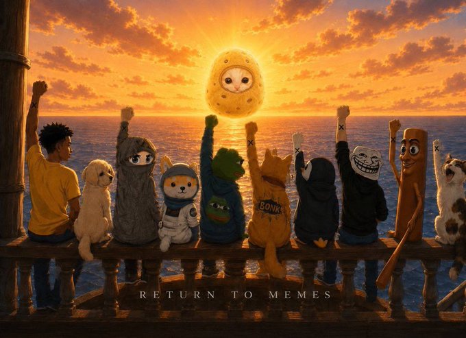 An artistic parody image mimicking the 'Return of the Obra Dinn' style, showing various meme characters in hooded outfits facing a sunset, captioned 'RETURN TO MEMES'.