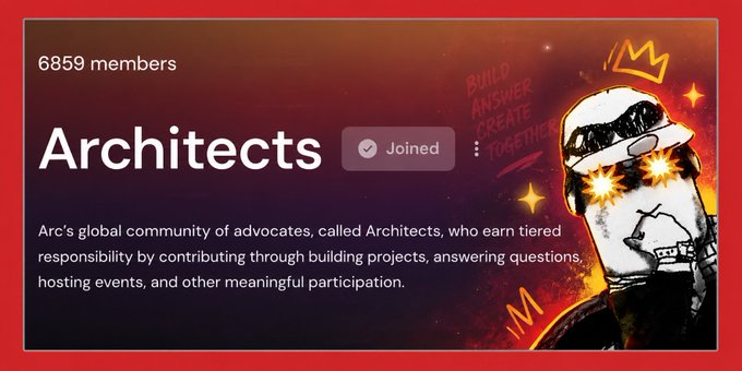 A red-themed community banner showing '6859 members' for the 'Architects' group, described as Arc's global community of advocates who earn tiered responsibility through building, answering questions, and hosting events, with a stylized character wearing sunglasses.