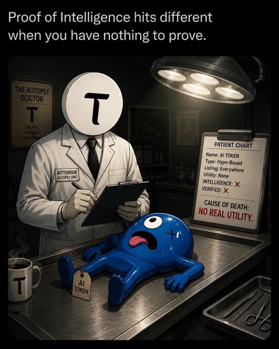 The image depicts a satirical "autopsy" scene where a doctor labeled "BITTENSOR AUTOPSY UNIT" examines a deceased blue character tagged "AI TOKEN," with a patient chart listing "Cause of Death: NO REAL UTILITY." The caption "Proof of Intelligence hits different when you have nothing to prove" reinforces the post's message that $TAO (Bittensor) backers believe the project's value speaks for itself through genuine utility rather than hype.