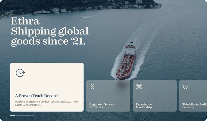 A website hero section for 'Ethra' with the headline 'Shipping global goods since '21' features an aerial photo of a cargo ship leaving a harbor, with feature cards for 'A Proven Track Record', 'Regulated Service Providers', 'Experienced Leadership', and 'Third-Party Audit Security'.