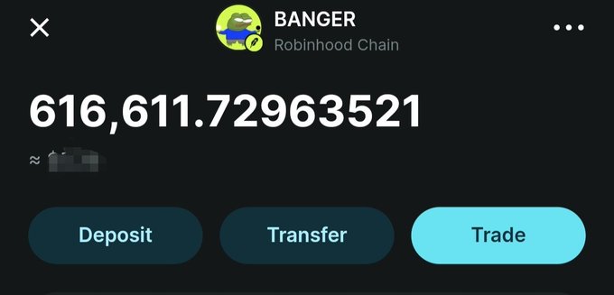 A Robinhood Chain crypto interface showing a balance of '616,611.72963521' for the token 'BANGER', with Deposit, Transfer, and Trade buttons.
