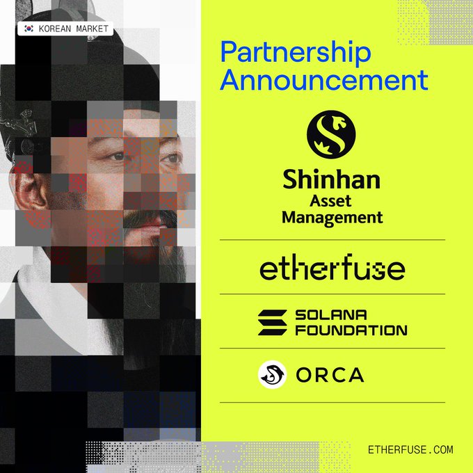 A partnership announcement graphic featuring Shinhan Asset Management, etherfuse, Solana Foundation, and ORCA, with a pixelated portrait of a man and "KOREAN MARKET" label, tied to a post highlighting the entry of the largest institution in Korea's retail market into etherfuse.