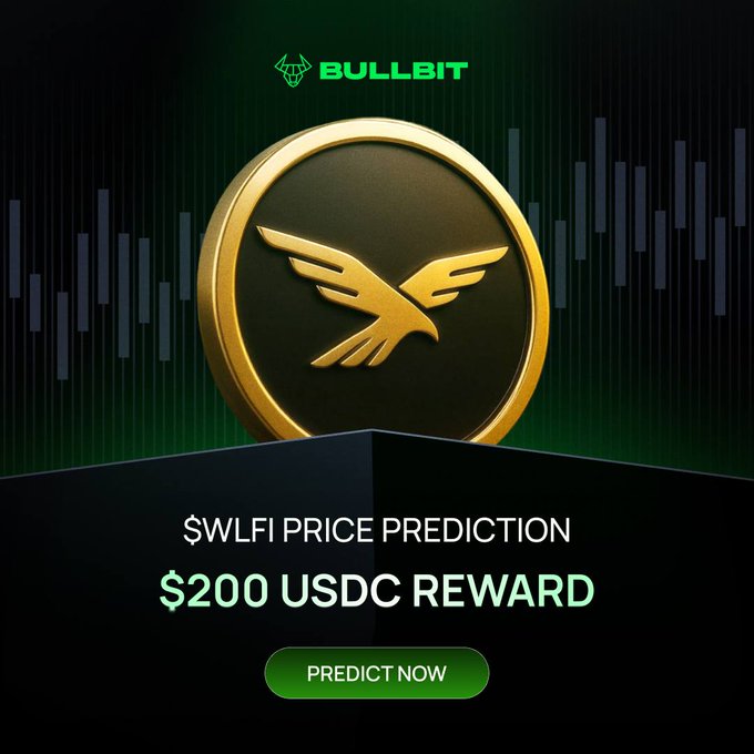 The Bullbit platform advertises a "$WLFI Price Prediction" giveaway with a $200 USDC reward, featuring a prominent gold eagle emblem and a "Predict Now" button. The promotional image directly supports the accompanying post's instructions for the prediction contest, which challenges participants to forecast the October 1st D1 close of WLFI/USDC on Bullbit.