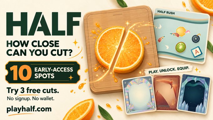 An advertisement for 'HALF' with the tagline 'HOW CLOSE CAN YOU CUT?' offering 10 early-access spots and 3 free cuts at playhalf.com, featuring an orange sliced in half and colorful game cards.