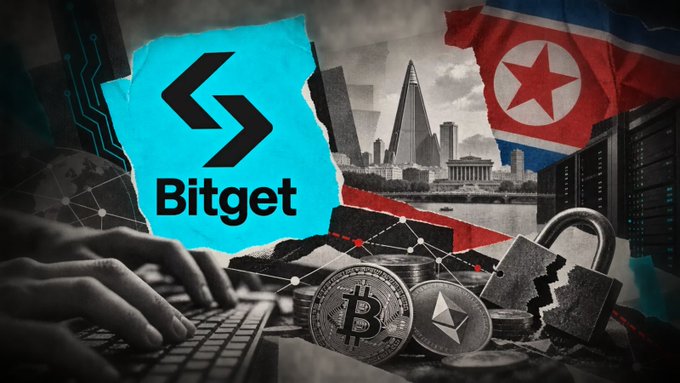 A composite image showing the Bitget logo, a torn North Korean flag, the Ryugyong Hotel in Pyongyang, crypto coins (Bitcoin and Ethereum), a padlock, and hands on a keyboard, suggesting a North Korea/crypto exchange news story.
