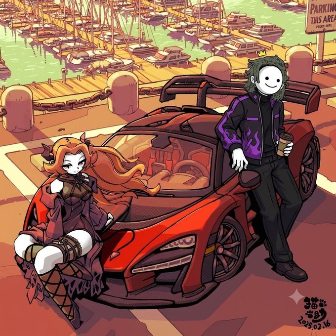 Anime-style illustration of two characters posing with a red sports car at a marina, signed and dated 2025.02.16.