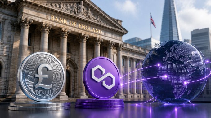 Digital illustration of cryptocurrency and fiat currency in front of the Bank of England building, featuring a pound sterling coin, a purple Polygon (MATIC) token, and a glowing purple digital globe.