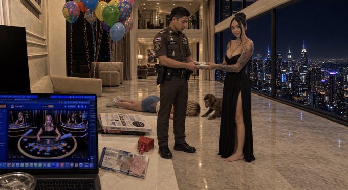 The image shows a man in a Thai police uniform receiving money from a woman in a black dress inside a luxury high-rise, with a laptop in the foreground displaying a betting site showing a "TOSHI BET" blackjack table where the user appears to have won, along with scattered Thai baht banknotes on the floor matching the bragging caption about paying off police and winning $700 at blackjack on ToshiBet.
