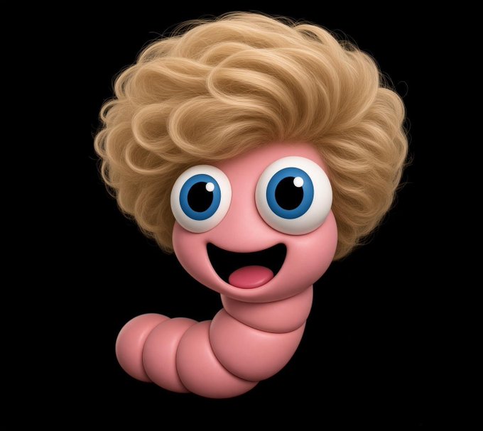 A 3D-rendered cartoon character of a pink worm-like creature with big blue eyes, an open smiling mouth, and a head of curly blonde hair, set against a black background.