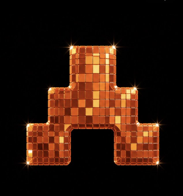A glowing, mosaic-style letter "A" constructed from golden-orange tiles radiates against a black background, its bright sparkle accents and tiered pyramid silhouette visually reinforcing the "ANIMA" ticker mentioned in the post about building an on-chain AI identity.