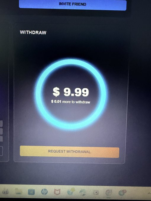 A digital withdrawal screen displays $9.99 with a note that $0.01 more is needed to withdraw, matching the caption's account of waiting on the final amount before completing a withdrawal from a new airdrop project. A "REQUEST WITHDRAWAL" button appears below the glowing blue circular balance display.