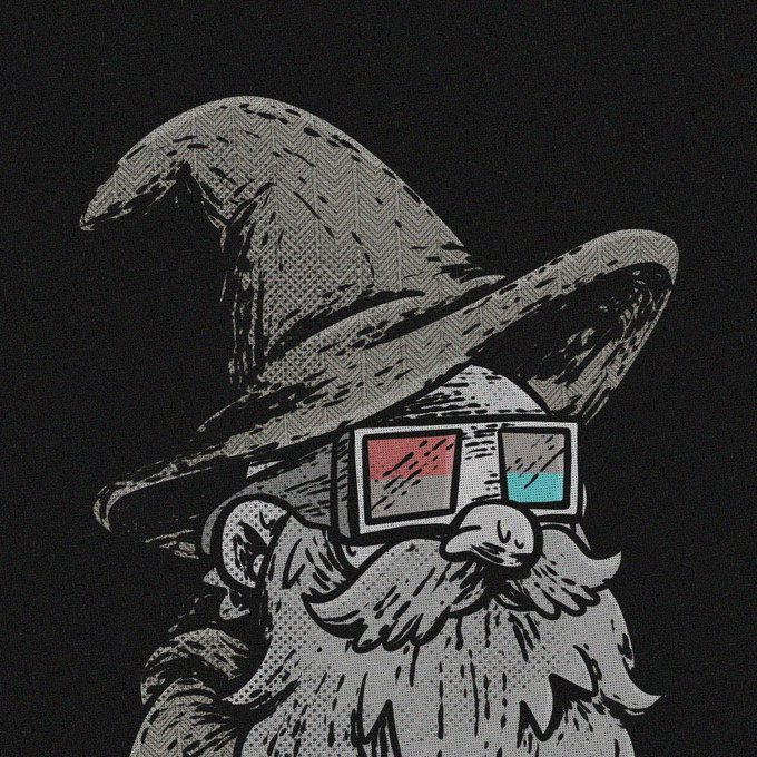 A black, white, and red halftone illustration of a wizard with a long beard wearing 3D glasses and a pointed hat.