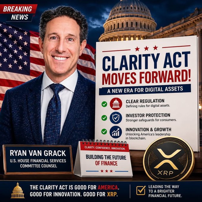 A "Breaking News" graphic features Ryan VanGrack, identified as U.S. House Financial Services Committee Counsel, alongside the headline "CLARITY ACT MOVES FORWARD: A NEW ERA FOR DIGITAL ASSETS," with bullet points promoting clear regulation, investor protection, and innovation. An XRP coin and Capitol imagery frame the image, which aligns with the accompanying post highlighting Ryan VanGrack's commentary on growing momentum for the CLARITY Act and regulatory clarity for digital assets.