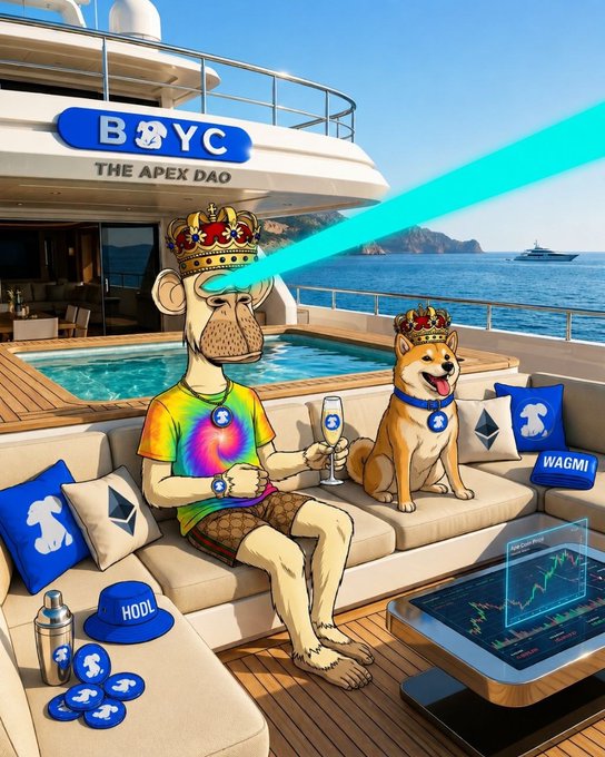 The image features a cartoon depiction of two men, one wearing a crown and holding a sword, while another man sits next to him with his dog at their feet. The scene takes place on a boat or yacht, which has a pool nearby. In the background, there is a ship visible in the water. The caption "the world would be better if we could just $APE and chill" suggests that the image might be related to a humorous or satirical commentary about the current state of affairs, possibly involving politics or social issues.